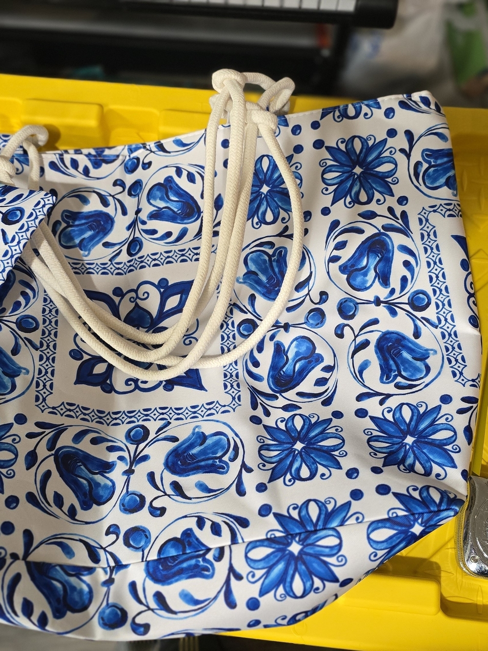 Almalfi Coast Italian Blue & White Floral Print Tote Bag with Rope Handles